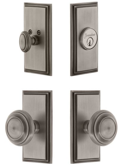 Grandeur Carre Entry Door Set, Keyed Alike with Circulaire Knobs in Antique Pewter.